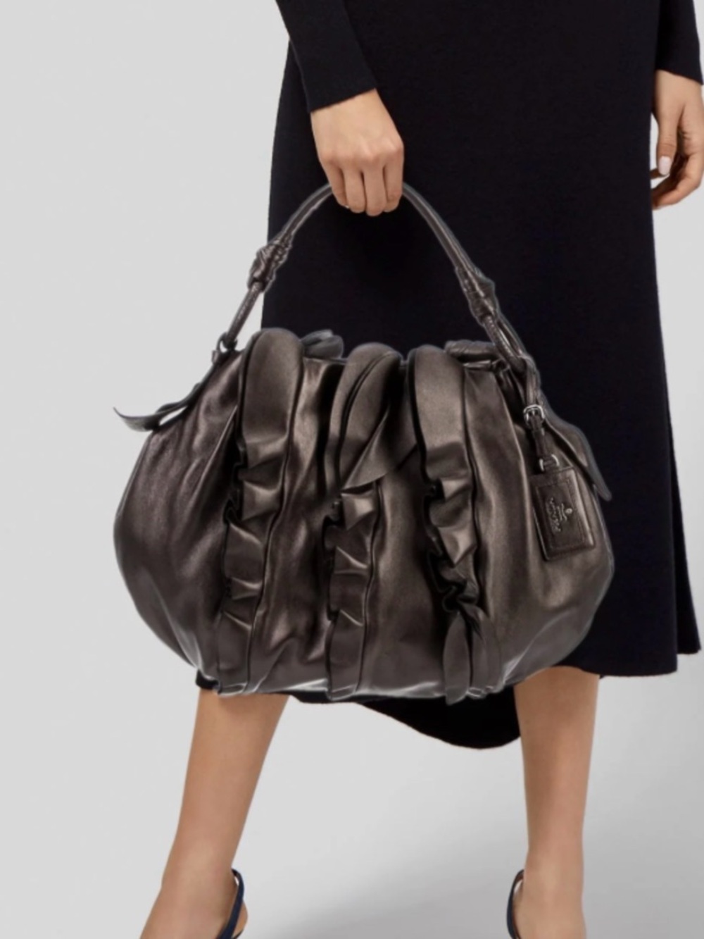 Prada Brown Nappa Mordore Ruffle Hobo Bag Purse.